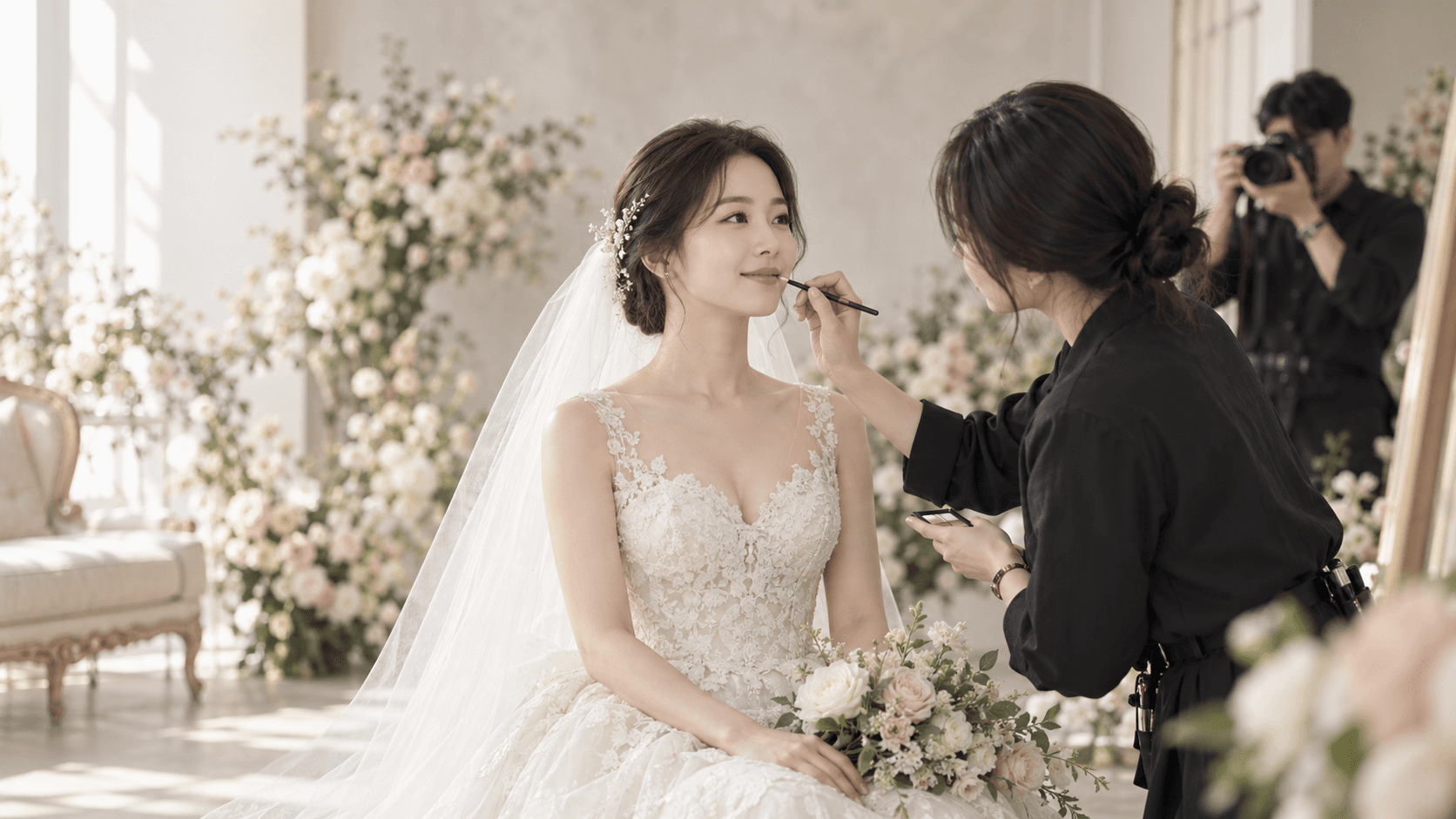 웨딩 촬영 스튜디오에서 메이크업을 준비하는 신부