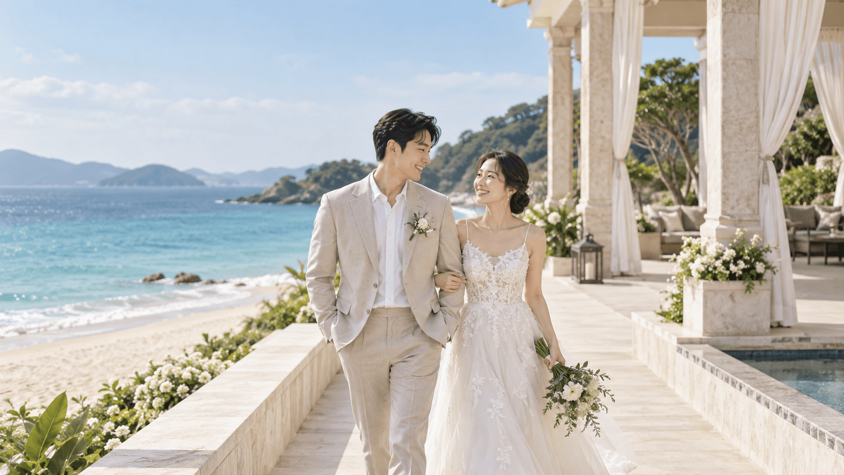 푸른 바다 리조트에서 신혼여행을 즐기는 부부